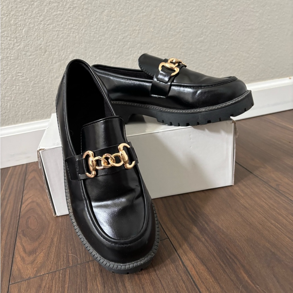 Sold SHEIN Black Loafers with Gold Chain Accent